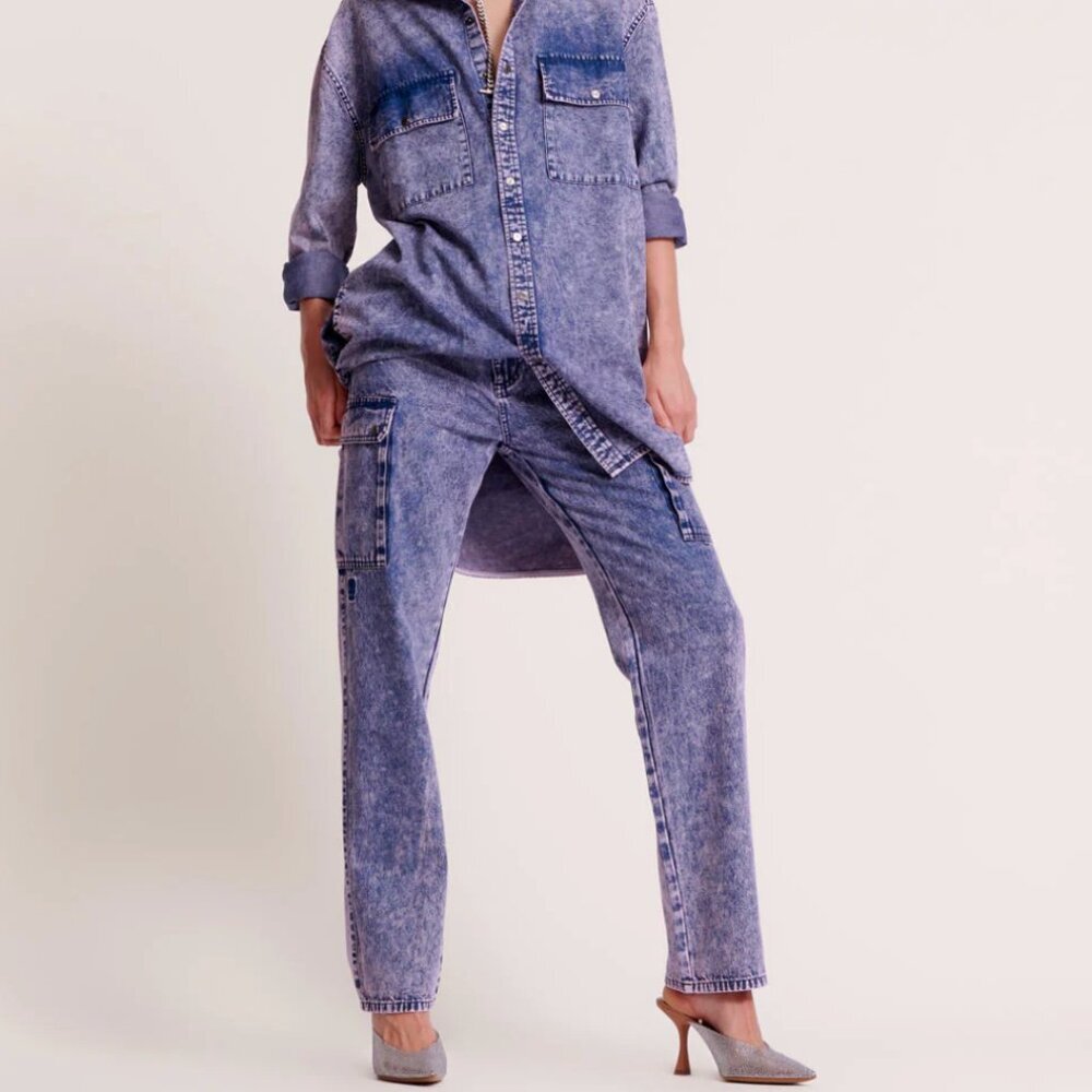 One Teaspoon Mid Waist Purple Denim Jeans Relaxed Fit Utility Cargo Pockets